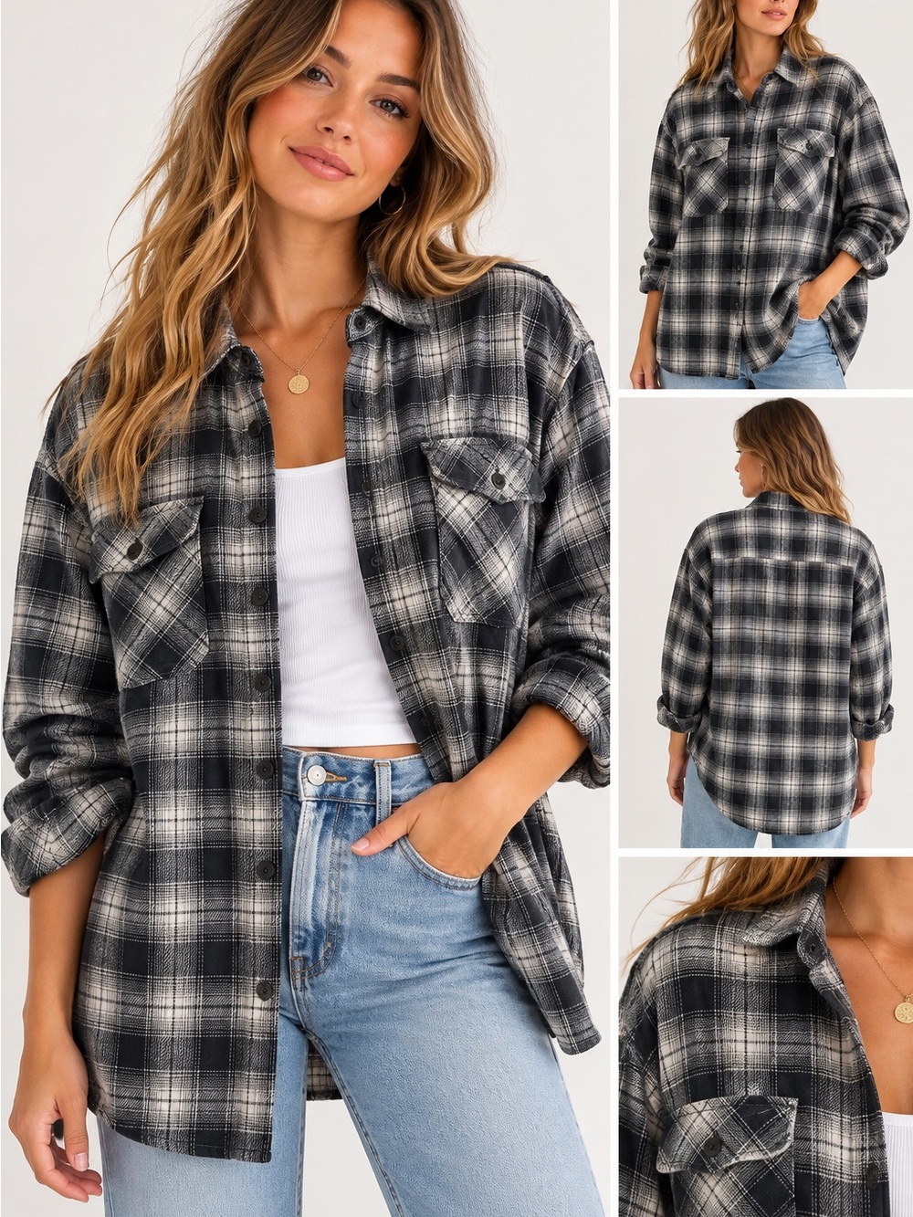Wild Fable Women’s XL Plaid Oversized Flannel Shirt Black Gray NWT 100% Cotton